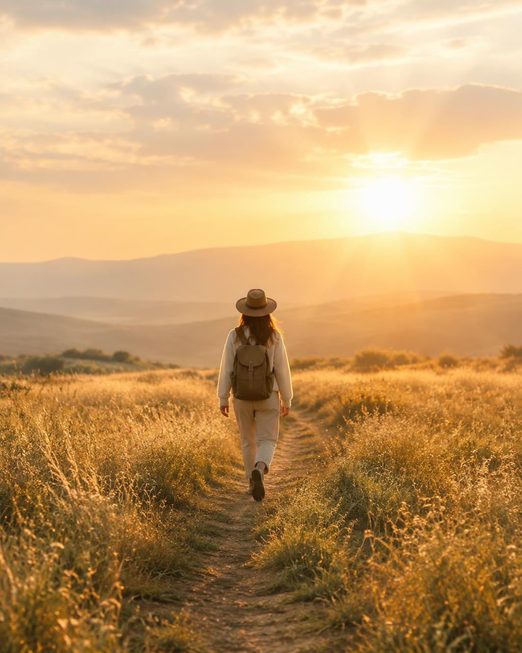 A person walking an open path toward sunrise light